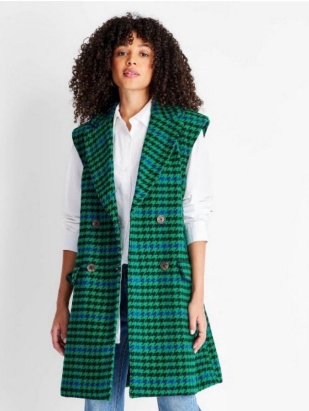 Future Collective Green Houndstooth Long Vest Jacket -M Lama Blend